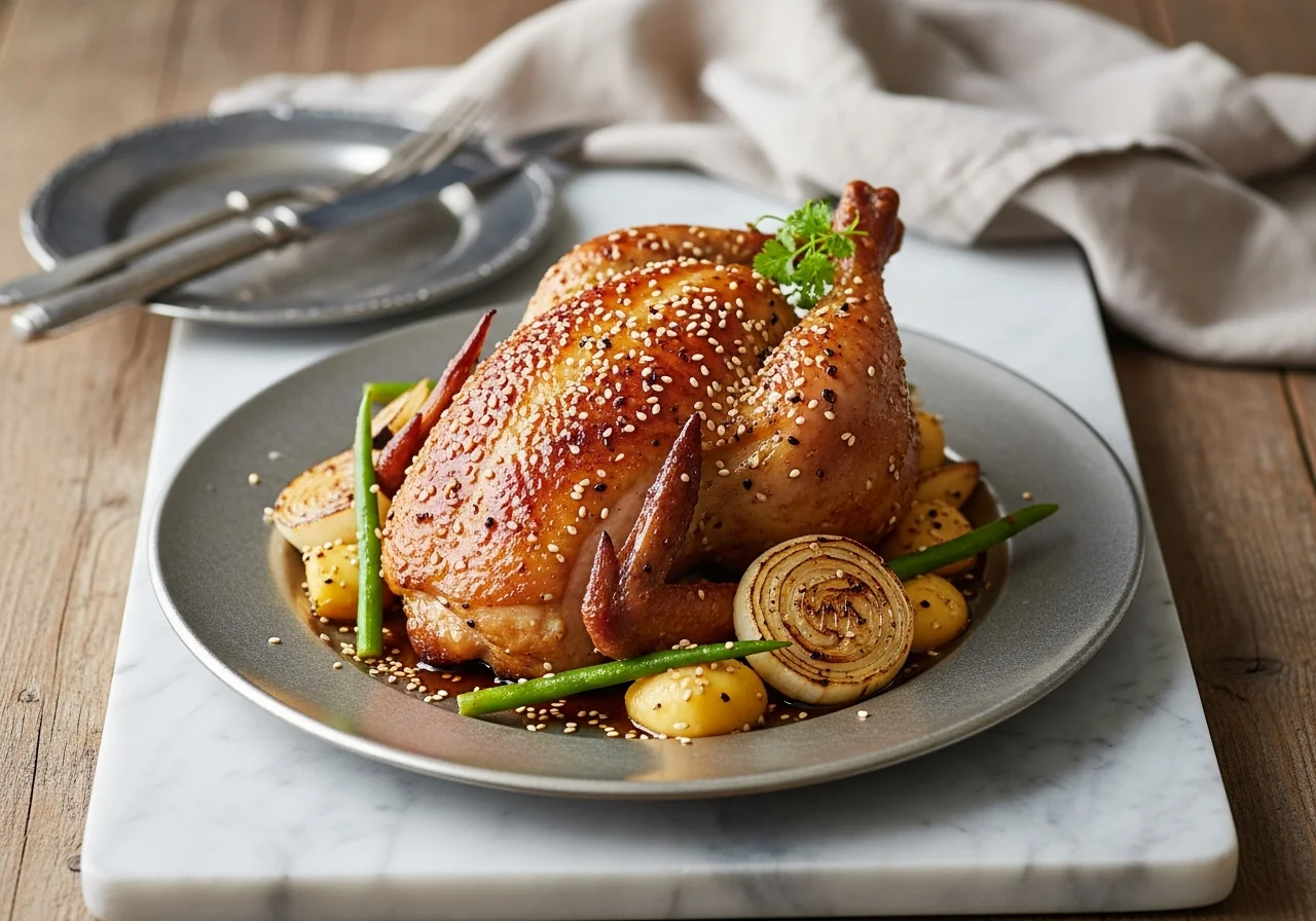 Poulet rôti entier doré et brillant nappé de marinade miel soja dans un plat en fonte sur une table en bois rustique avec des herbes fraîches