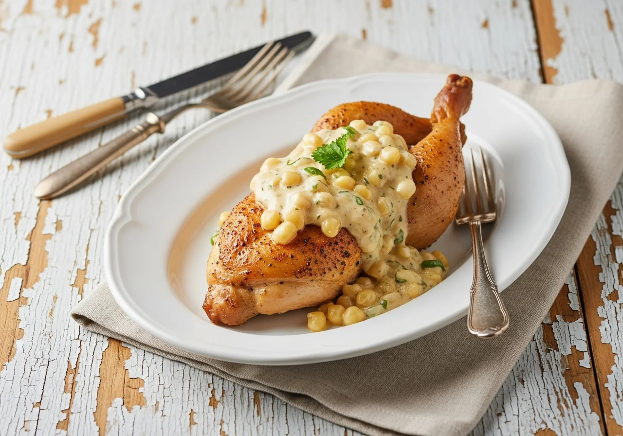 Poulet rôti entier doré dans un plat en fonte, nappé d'une sauce crémeuse à la moutarde, parsemé de graines de moutarde caramélisées et de branches de thym frais