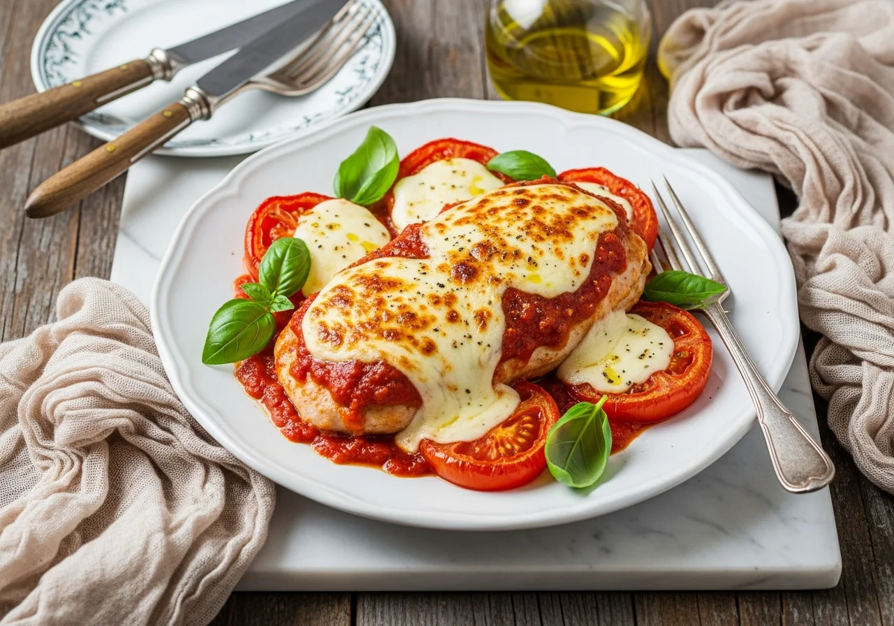 Poulet sauce tomate mozzarella servi dans une cocotte en fonte, tranches de mozzarella fondues sur les morceaux de poulet dorés et sauce tomate aux herbes