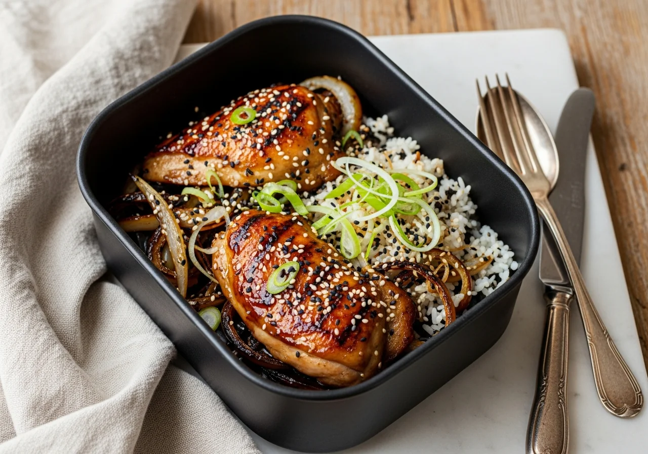 Cuisses de poulet teriyaki laquées et brillantes dans le panier d'un air fryer, garnies de graines de sésame et d'oignons verts ciselés