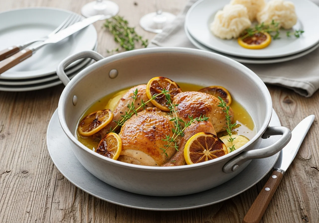 Cuisses de poulet dorées au thym frais et citron dans le Cookeo, sauce citronnée nacrée