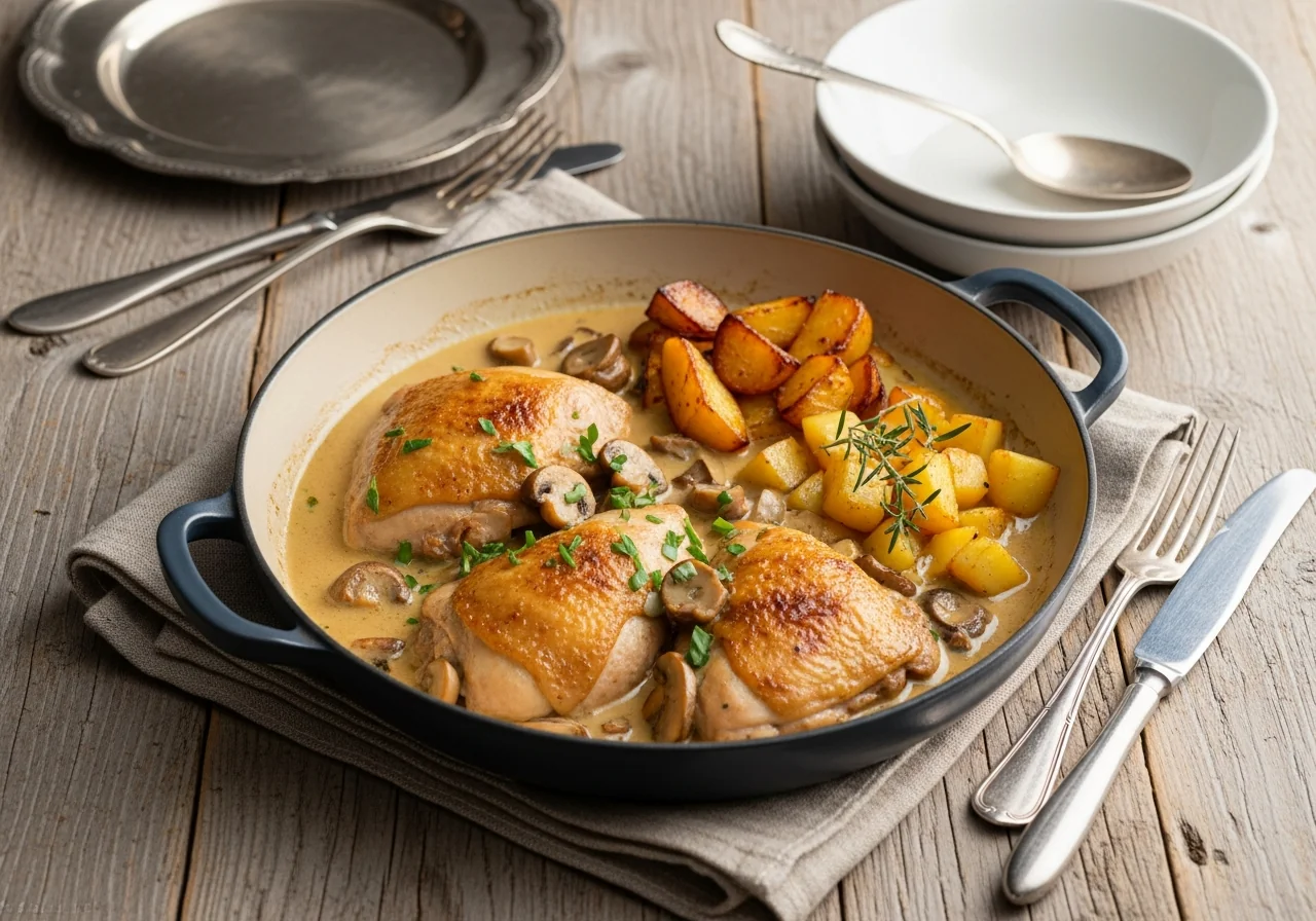 Cocotte en fonte avec des morceaux de poulet vallée d'Auge nappés de sauce crème aux pommes et champignons de Paris