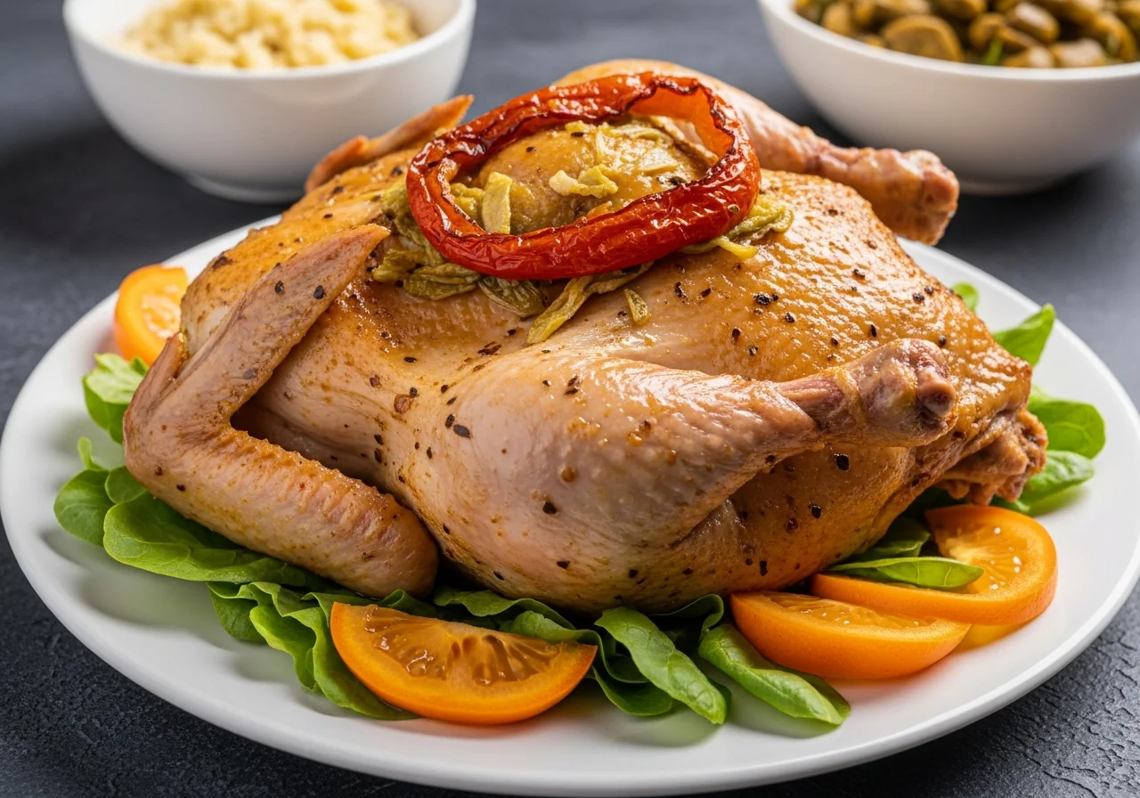 Poulet yassa sénégalais servi avec du riz blanc, cuisses dorées nappées d'une sauce aux oignons confits et au citron