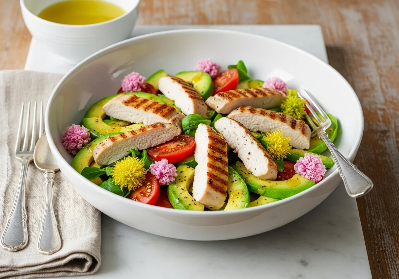 Grand saladier blanc garni de tranches de poulet doré, d'avocat, de tomates cerises et de verdure, nappé d'une vinaigrette balsamique