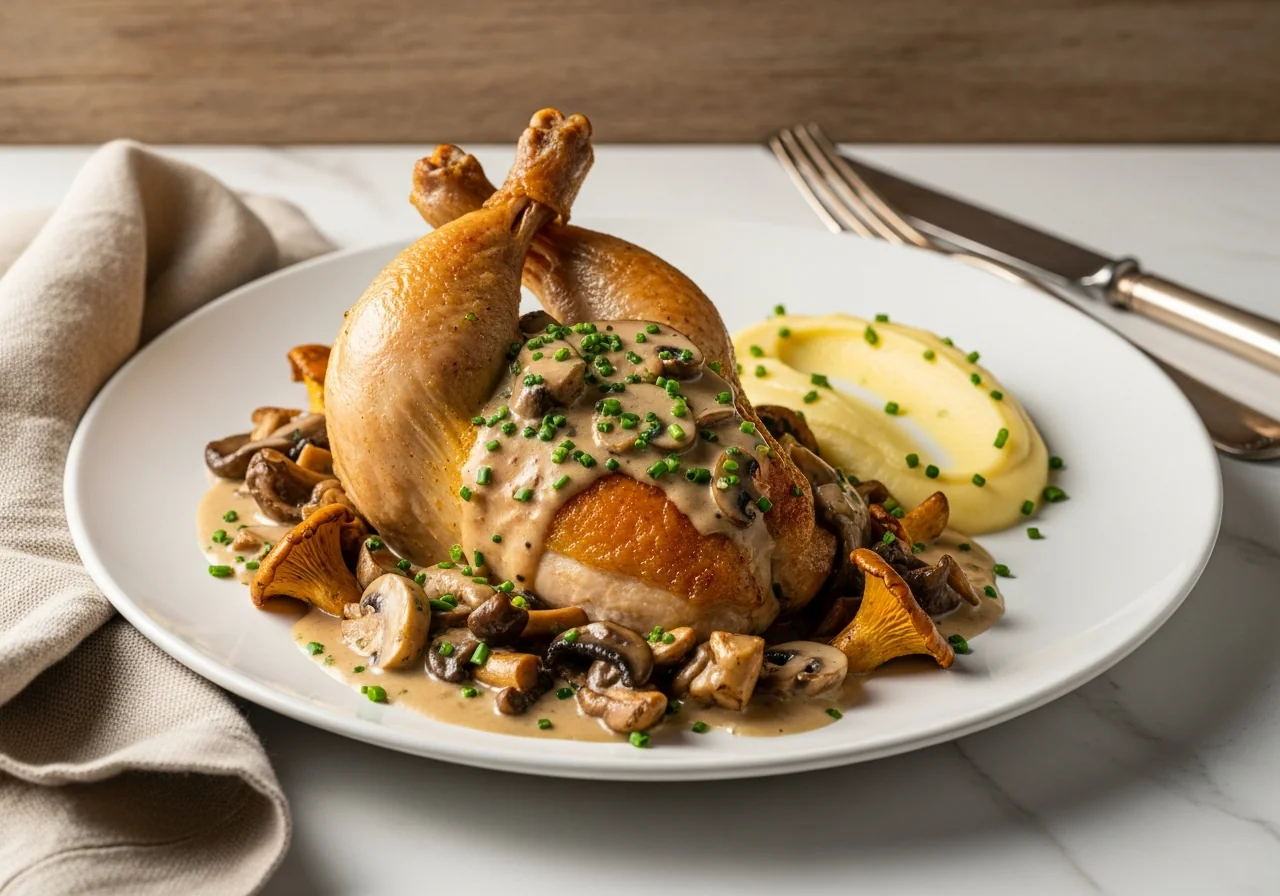 Suprême de poulet doré nappé d'une sauce crémeuse aux champignons de Paris dans une cocotte en fonte sur table en bois