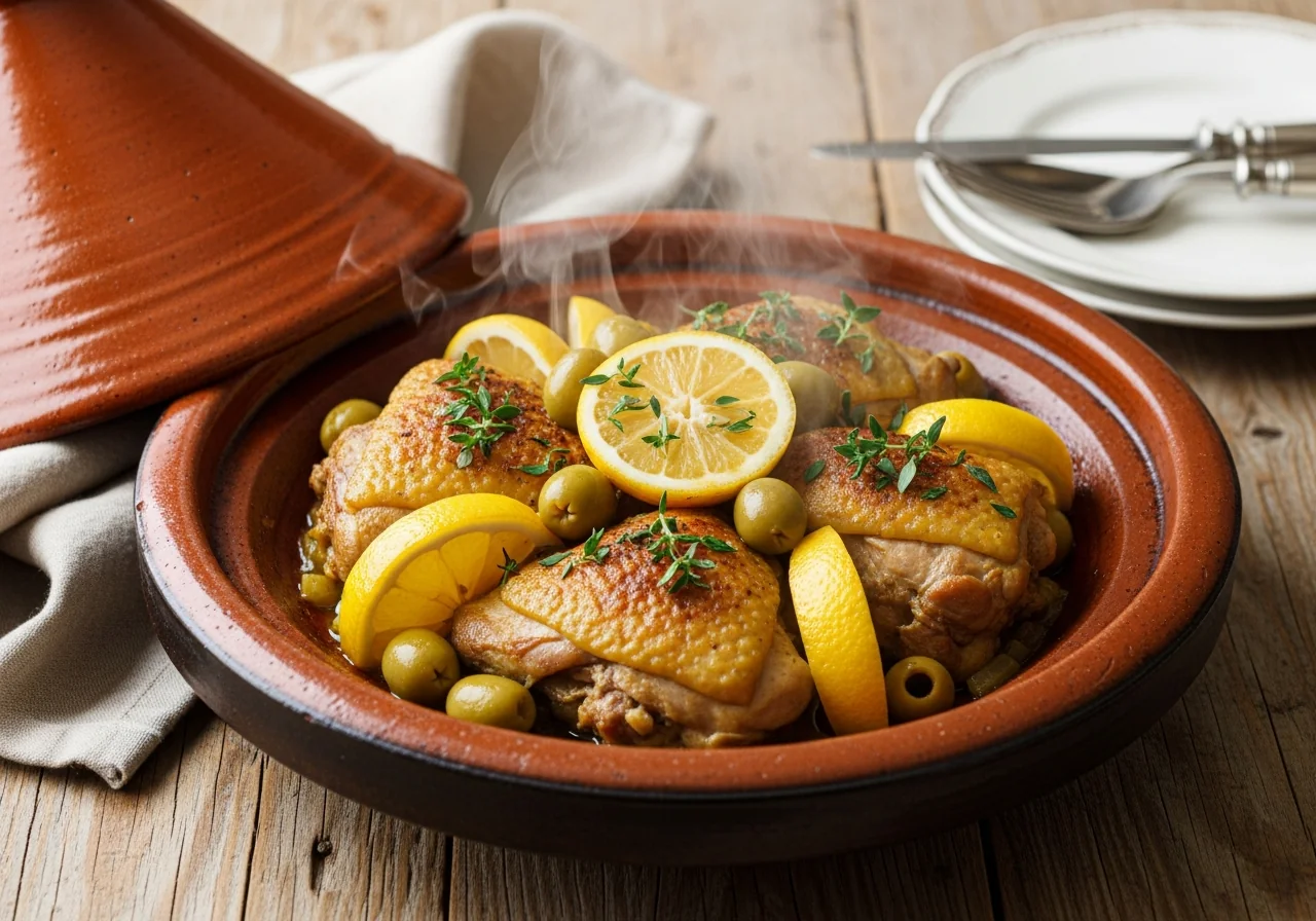 Tajine de poulet au citron confit et olives vertes dans un plat en terre cuite, épices dorées et coriandre fraiche
