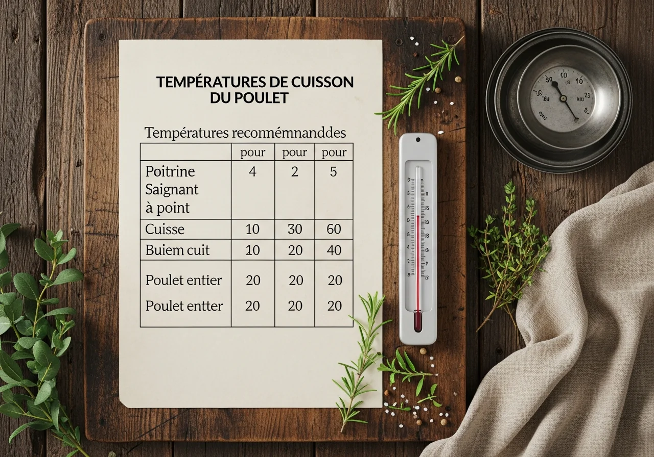Thermomètre de cuisson planté dans un poulet rôti doré sorti du four sur un plat en fonte