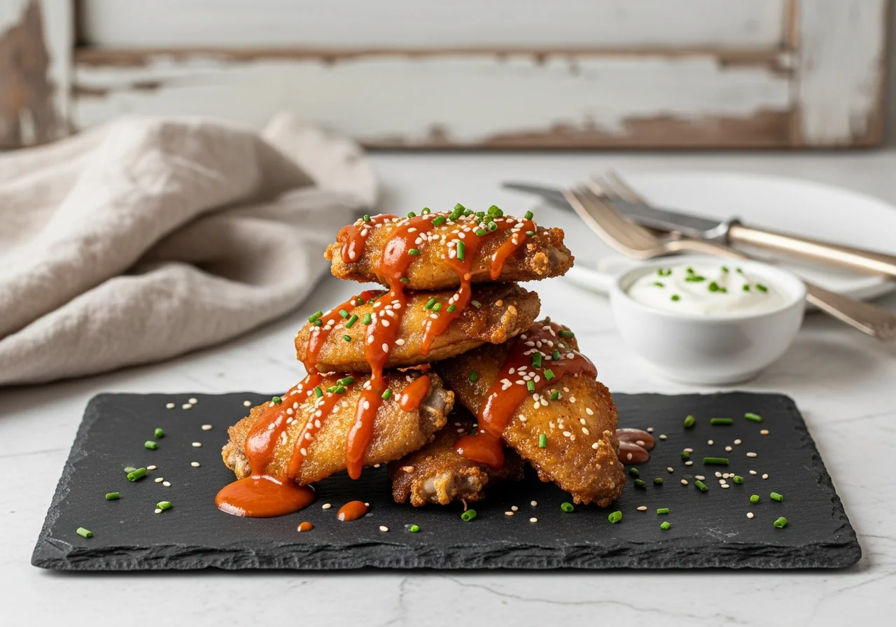 Wings de poulet croustillants nappés de sauce buffalo dorée, servis avec des bâtonnets de céleri
