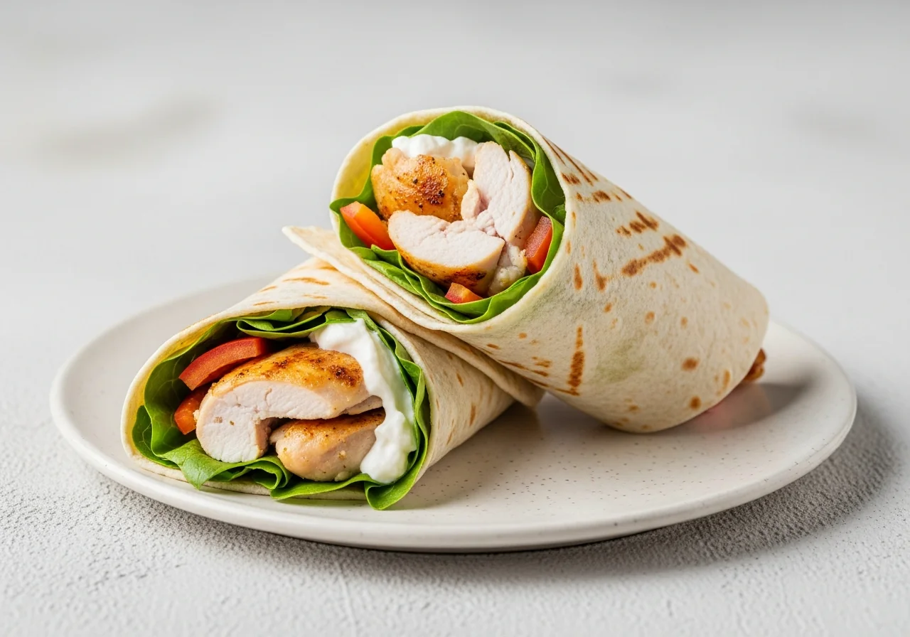 Wrap poulet crudités coupé en deux en diagonale, garni de légumes colorés et d'une sauce fromage blanc au curry, servi sur une planche en bois